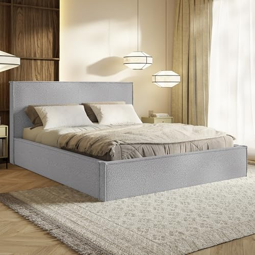 MOTIVENA Boho Bett 160x200 Grau Boucle, mit Stauraum, mit Kopfteil, mit Lattenrost, ohne Füße, ohne Matratze, Polsterbett 160x200 mit Bettkasten Grau (Hellgrau)