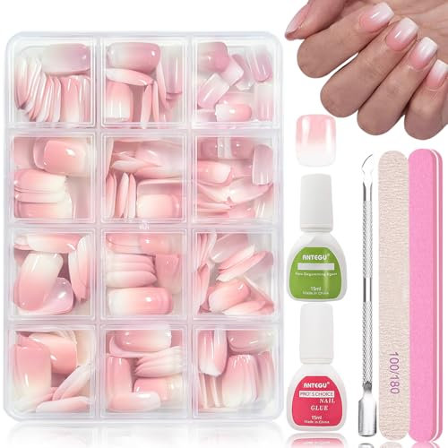 288 Stück Square Falsche Nägel Zum Aufkleben Kit, Künstliche Nägel Tips Weiß Rosa Gradient Design Falsche Nägel für Maniküre DIY, Fake Nails für Frauen