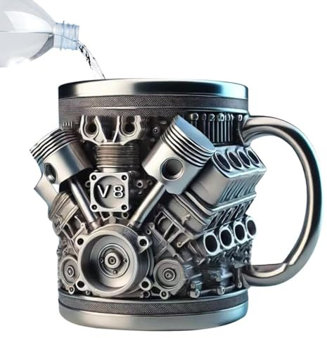 Poludatly V6/V8 Tasse à café personnalisée en acier inoxydable Motif moteurs V6/V8 Tasse à thé 3D réutilisable pour les amateurs de voitures
