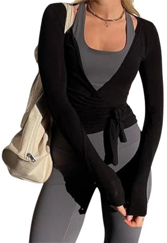 Minetom Femmes Cache-Coeur De Danse Col V Gymnastique Boléro Salle Zumba Aerobic Yoga Pilates Haut Ballet Bandage Cardigan Sportswear A Noir M