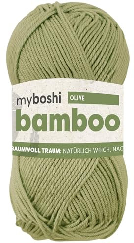 myboshi Bamboo, natürlich weiches Bambus-Baumwollgarn, zum Häkeln und Stricken, strapazierfähig, 50g, 125m, Grün (Olive), 1 Knäuel