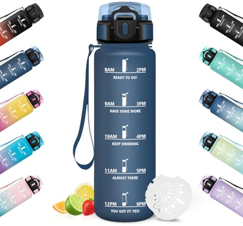 HoneyHolly Trinkflasche 1L, Zeitmarkierung, Wasserflasche, Auslaufsicher, Trinkflasche Sport, Wiederverwendbar, Water Bottle für Fitnessstudio, Radfahren, Büro, Outdoor, Wasserflasche Auslaufsicher