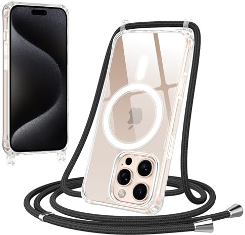 Jrkvniv Magnétique Coque pour iPhone 15 Pro avec Cordon, Compatible avec MagSafe Transparent Réglable Lanyard Necklace Case, Ultra Mince Souple Silicone TPU Antichoc Housse pour iPhone 15 Pro, Noir