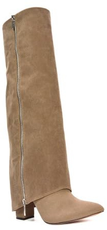 ESSEX GLAM Women's Knee High Fold Over Boots Ladies Zip Details Classic Taupe Faux Leather Western Style Pointed Toe Long Shoes Size 5