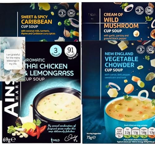 Cup Soup Bundle With Thai Chicken & Lemongrass And Cream Of Wild Mushroom, Sweet And Spicy Caribbean and Vegetable Chowder (4 Mixed Pack) – By Oerich Gift