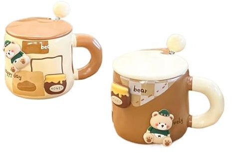 ZFIHAV Tazza in Ceramica addensata con Orsetto Carino da 2 Pezzi con Coperchio e Cucchiaio Tazza da caffè Tazza di Compleanno Tazza da caffè al Latte for Coppia Domestica