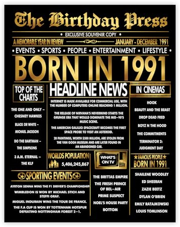 Stuff4 Goldenes Poster zum 34. Geburtstag, ungerahmt – Golden Born in 1991 Zeitung – Happy 34 Birthday für Männer und Frauen, Retro-Vintage-Geschenke zurück im Jahr 1991, 20,3 x 25,4 cm