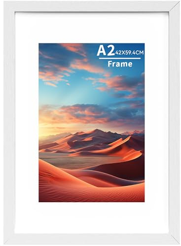 A2 Picture Frame Wooden Picture Frames with A3 Mount,A2 Photo Frame with Acrylic Glass, A2 Poster Frame with Wall Hanging,Certificate Frames Landscape or Portrait Orientation,White,1P