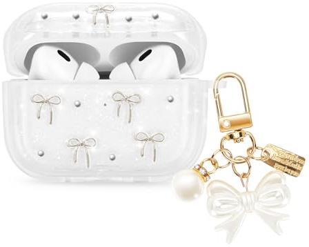 Newseego for AirPods Pro 2 Case, Clear Glitter Cute Bowknots | Aesthetic Design, with Bow Pearl Keychain, for Girls Women, Soft TPU, Shockproof Protective Cover, Front LED Visible