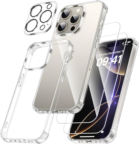 FLLAO iPhone 16 Pro Case with 2X Screen Protector + 1 Lens Protector, Clear | Anti-Scratch Shockproof Bumper Case, Slim Anti-Yellowing iphone 16 Pro Cover