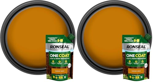 Ronseal One Coat Shed & Fence Pouch Harvest Gold 950ml - Mix with Water to Make 5 Litres of Paint for Effortless Coverage and Long-Lasting Protection (Pack of 2)
