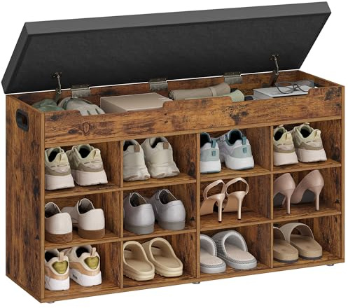 Hzuaneri Schuhbank mit Sitzfläche, 12 Fächer, Vintagebraun | Schuhregal, Sitzbank mit Stauraum, Herausnehmbare Regale, 30 x 100 x 55 cm, Für Wohnzimmer, Flur, Eingang, SB53501GY