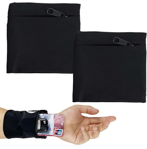 2 Stück Handgelenktasche Männer & Frauen, Schweißband Sport Wristband Handgelenk Tasche Geldbörse mit Reißverschluss Tragbar Handgelenk Brieftaschen für Basketball Laufen Sport (Schwarz)