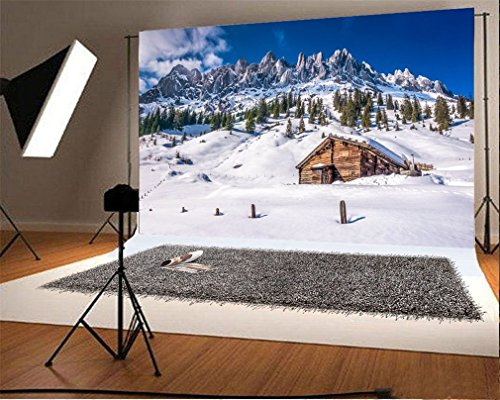 YongFoto 3x2m Foto Hintergrund Weihnachten Schnee bedeckte Landschaft Berg Holzhaus Grüne Bäume Natur Winter Fotografie Hintergrund Fotoshooting Portrait Party Kinder Hochzeit Fotostudio Requisiten