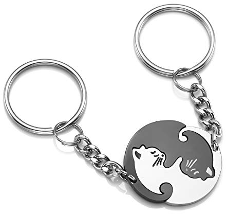 PiercingJak Paare Schlüsselanhänger Set, 2 STK. Edelstahl Puzzle Partner Katze Schlüsselbund Keychain Schlüsselring für Herren Damen,Silber/Schwarz/Gold