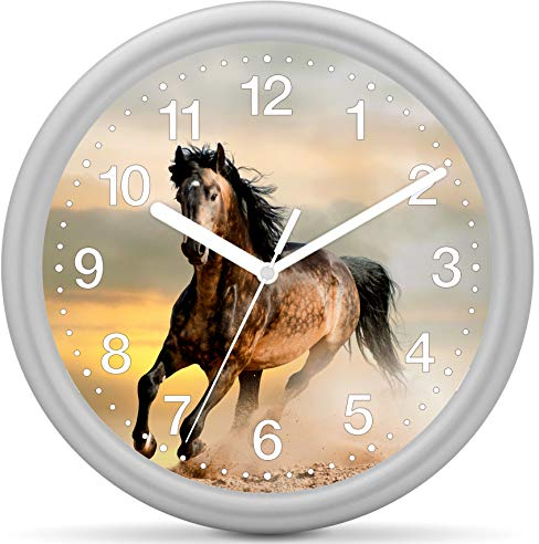 Eurotime Quarzwanduhr, 25 cm, Kunststoffgehäuse Silber, Kunststoffglas, klares 12-Zahlen Zifferblatt mit Pferdemotiv, geräuscharmes Uhrwerk, kein Ticken, Wanduhr für Kinderzimmer, 82224-07