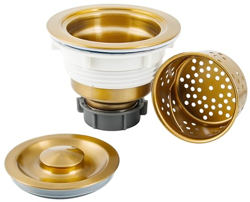 LQS Kitchen Sink Drain Strainer Assembly, Sink Drain 304 Stainless Steel with Removable Deep Waste Basket and Sealing Lid 3-1/2-inch Golden