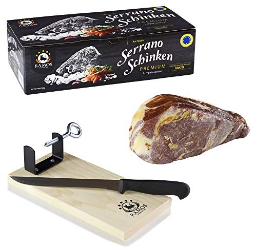 RAMOS Premium Serrano-Schinken | 1kg im Geschenkkarton | Schinkenbrett und -messer gratis | Oro reserva
