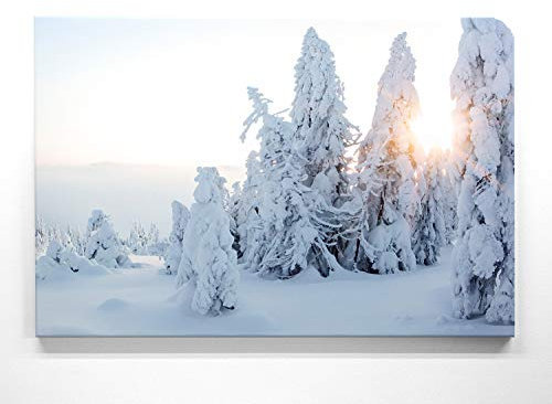 Atemberaubende Winterlandschaft auf Leinwand, Wintersonne - als 120x60cm großes XXL Leinwandbild. Wandbild als Hintergrund und Deko für Wohnzimmer & Schlafzimmer. Aufgespannt auf Holzrahmen
