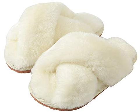 Hitopteu Pantofole Donna Peluche Casa Scarpe Bambini Invernali Slippers Ciabatte Aperta Pantofole Pelose Fluffy Infradito bianca EU 37/38 per la dimensione dell'etichetta 38/39