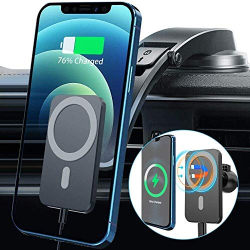 Blsyetec Magsafe 15W Mobile Phone Holder Car Charger for iPhone 12 Pro Max Mini Magnetic Wireless Charger Wireless Charger with Suction Cup Holder & 360° Ventilation Clip