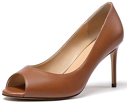 Elashe Damen Peeptoe Pumps | 8cm Stiletto High Heel | Bequeme Lack Stilettos Braun matt EU40