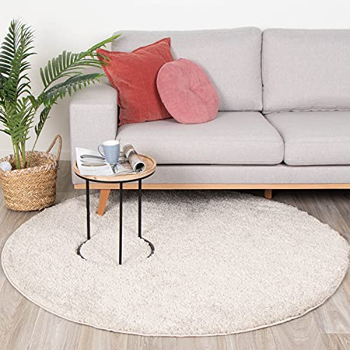 FRAAI | Home & Living Teppich Hochflor Rund - Lofty Creme Weiß Ø 100cm - Einfarbig - Modern, Skandinavisch - Wohnzimmer, Esszimmer, Schlafzimmer - Fellteppich - Rug