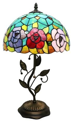 Tokira Tiffany-Stil Tischlampe für Schlafzimmer, 12 Zoll Rose Buntglas Vintage Nachtleuchte, E27 Handgefertigte Farbige Glasleuchte, Metallbasis, [Keine LED-Glühbirne]