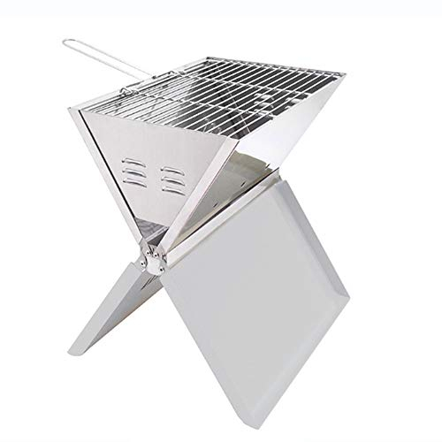 Klappgrill - Faltbarer Notebook BBQ Grill Klappbarer Holzkohle Grill für Unterwegs Tragbarer transportabler Reisegrill, Campinggrill inkl. Rost und Kohleschale (Silber)
