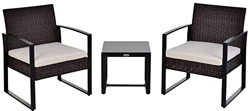 Outsunny Conjunto de Jardín Exterior de 3 Piezas Juego de 2 Sillas y Mesa de Ratán con Cojines Acolchados y Encimera de Vidrio para Balcón Terraza Marrón
