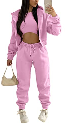 Onsoyours 3 Stücke Damen Sportanzüge Jogginganzug Sport Sets Yoga Outfit Freizeitanzug Sportswear Langarm Kapuzenjacke + Crop Top + Jogginghose mit Taschen Rosa M
