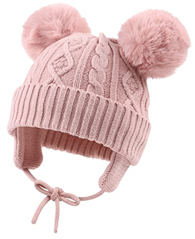 XIAOHAWANG Baby Mädchen Mütze Jungen Babymütze Winter Strickmütze Kindermütze Warme Wintermütze Mit Bommel(0-6Monate, Haut rosa)