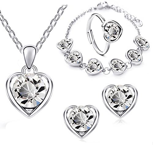 Wedity Herz-förmige Kristall Halskette Ohrringe Armband Ring Set Gold Mode Liebe Herz Anhänger Choker Halsketten Schmuck für Frauen und Mädchen (Silber)