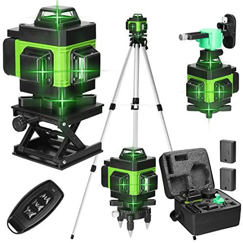 Geevorks Livella Laser 16 Linee 4 x360° Livella Laser Autolivellante Linee Laser Verde Livello con Autolivellante IP54 2xBatterie Ricaricabili, con Treppiede,Staffa a Parete, Telecomadon - Verde.
