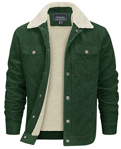 EKLENTSON Herren Cord Jacke Frühling Outdoorjacke Bequem Übergangsjacke Sherpa Fleecefutter Coat mit Fell (S, Grün)