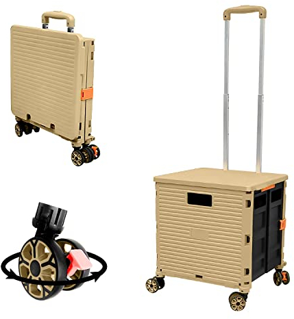 Faltbarer Einkaufstrolley auf Rädern mit Deckel, verschleißfest, geräuschlos, 360 ° drehbar, verstellbarer Griff aus Aluminiumlegierung, Kofferraumwagen, 45 kg, Tragfähigkeit, tragbar, langlebig Khaki