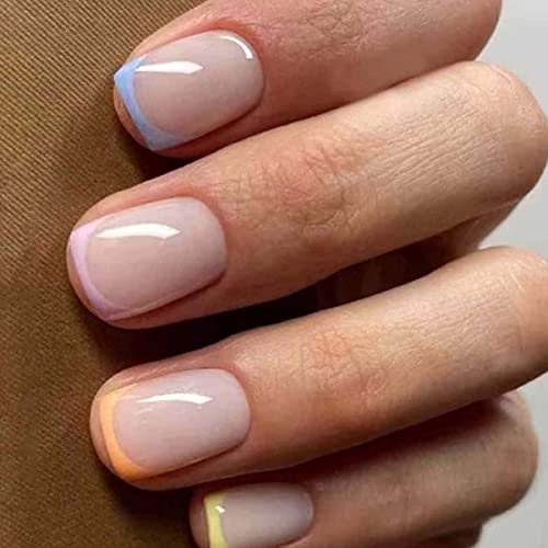 JUSTOTRY 24 Pcs Rainbow Square Short False Nails with Pearls,Multicoloured French Press on Nails Pattern,Fake Nail Medium,Stick on Nail for Women,Squoval Nails Fake Nail for Nail Art