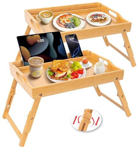 Greenual 2 Pack Bed Tray Table with Handles Folding Legs, Bamboo Breakfast Food Tray with Media Slot, Use As Platter, Laptop Desk, Snack, TV Tray Kitchen Serving Tray