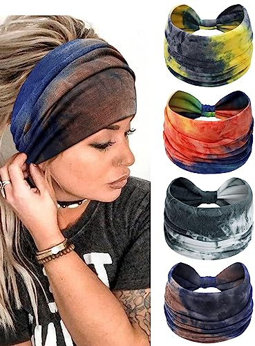 PROPOG Breites Haarband Damen Dünn Stirnband Damen Yoga Sport Haarbänder Damen Boho Haarschmuck 4Pcs Haarreifen Damen-(Tie Dye)-A