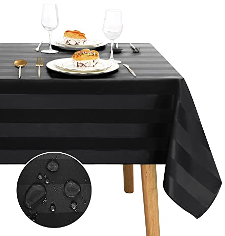 JIUZHEN Tischdecke Abwaschbar Schwarz Gestreift Tischdecke Outdoor Wasserdicht, Quadratische Wasserabweisenden mit Lotuseffekt Tischdecken, Tischtuch gartentisch, Wetterfeste für Balkon, 140 x280 cm