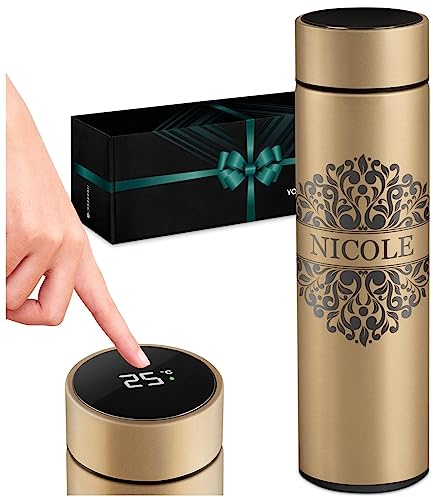 Maverton Tazza termica tè caffè 450 ml - thermos con incisione personalizzata in acciaio inox - coperchio ermetico one-touch - borraccia termica display led - per donna - gold - Ornamento
