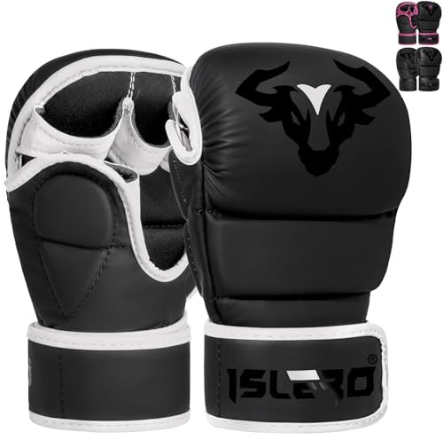 Islero Fitness Matte Black MMA Gloves Martial Arts Mitts Grappling Sparring Men Muay Thai Cage Fighting Boxing Combat Sports Women pink UFC Punching Bag Training