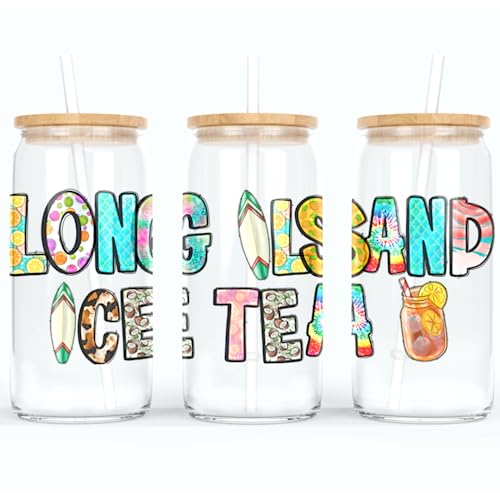 online-hut - Trinkglas - Longdrink Glas - Becher aus Glas inkl. Deckel und Strohhalm - mit Long Island Ice Tea Schriftzug - A-SB-12-1 (Glitter Rosa)