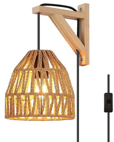 SUNLLOK Modern Plug in Rope Wall Light Fixture - Basket Rattan Lampshade Chandelier Hanging Wall Mounted Lamp with Switch, Indoor Wood Wicker Wall Sconces for Kitchen Island Living Room Restaurant