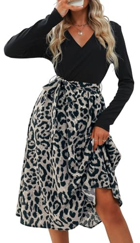 CUPSHE Women's Maxi Dress V Neck Long Sleeve Tie Belt A-Line Casual Dress Party Cocktail Midi Skater Dress Apricot Leopard M