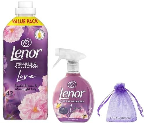 Lenor Exotic Bloom & Moonlight Lily Scent: Fabric Conditioner 42 Washes, 1.386L & Crease Releaser Spray, 500ml + for You: Organza Small Bag