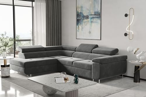 Kaiser Möbel, Ecksofa mit schlaffunktion, mit Bettkasten, Schlafsofa Atom Lux, Designer Sofa, Modern Design Couch, Polsterecke, Freistehend, Stoff Monolith Klasse A, Grau Links