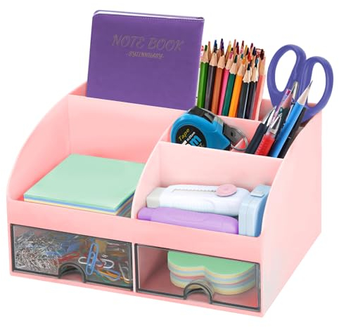SYJINHUASY Multifunktionaler Schreibtisch Organizer, Kompakter Büroorganizer mit 5 Fächern & 2 Schubladen,Plastik Tisch Organizer für Büro Zuhause Schule (Pink-B)
