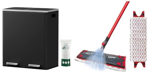 SONGMICS Double Rubbish Bin, 2 x 30L Waste and Recycling Kitchen Bin with 15 Rubbish Bags & Vileda 1-2 Spray Mop, Microfibre Flat Floor Spray Mop with Extra Head Replacement