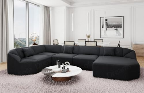 Wohnlandschaft Cabrera U Form Stoffsofa Sofa in Strukturstoff Designersofa Webstoff (Schwarz, Ottomane rechts)